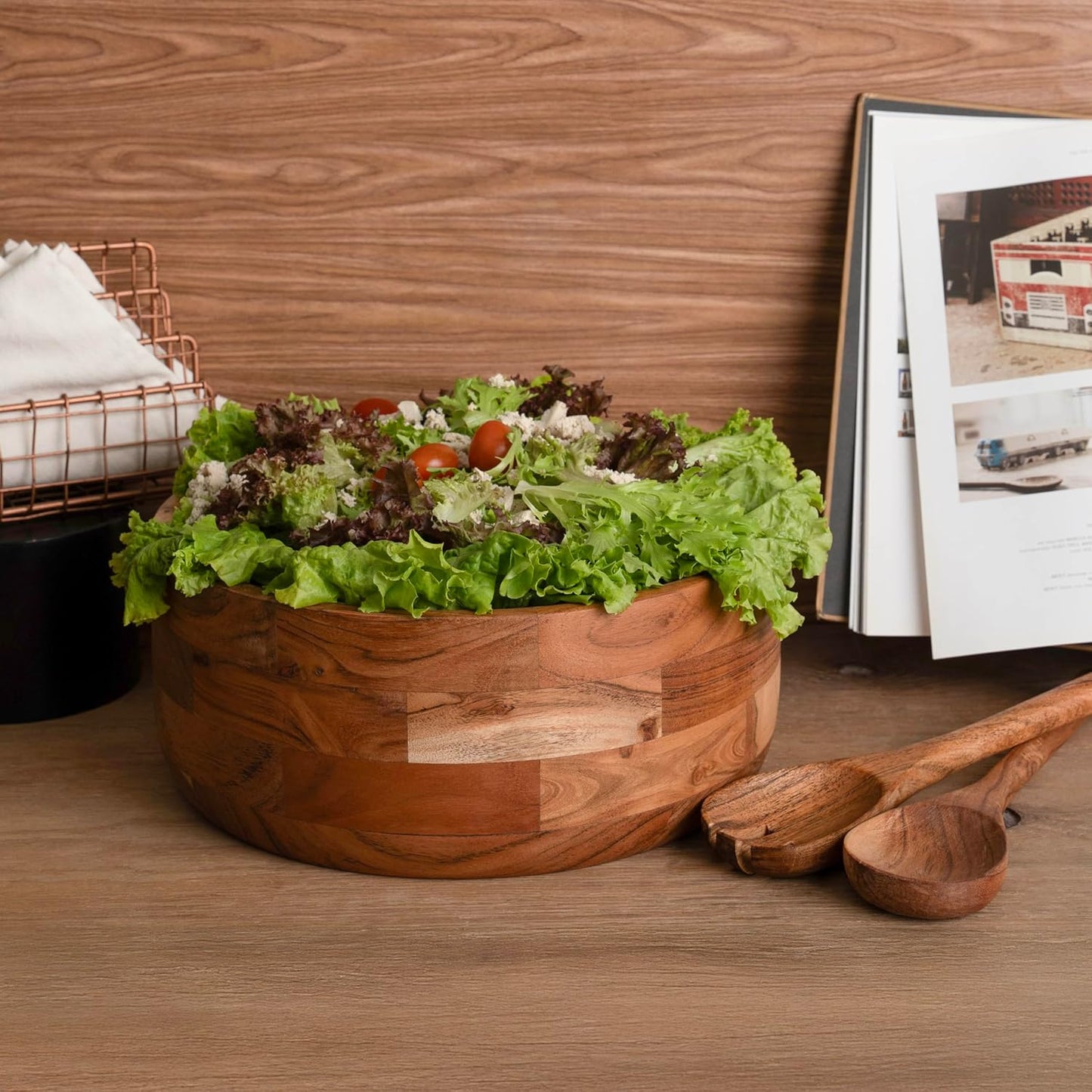 Luxe Designs 12" Wooden Salad Bowl Set with Serving Utensils Eco-Friendly, Multipurpose Mixing & Serving Bowl for Salads, Pasta, Fruits & More – Durable & Stylish Kitchen Essential