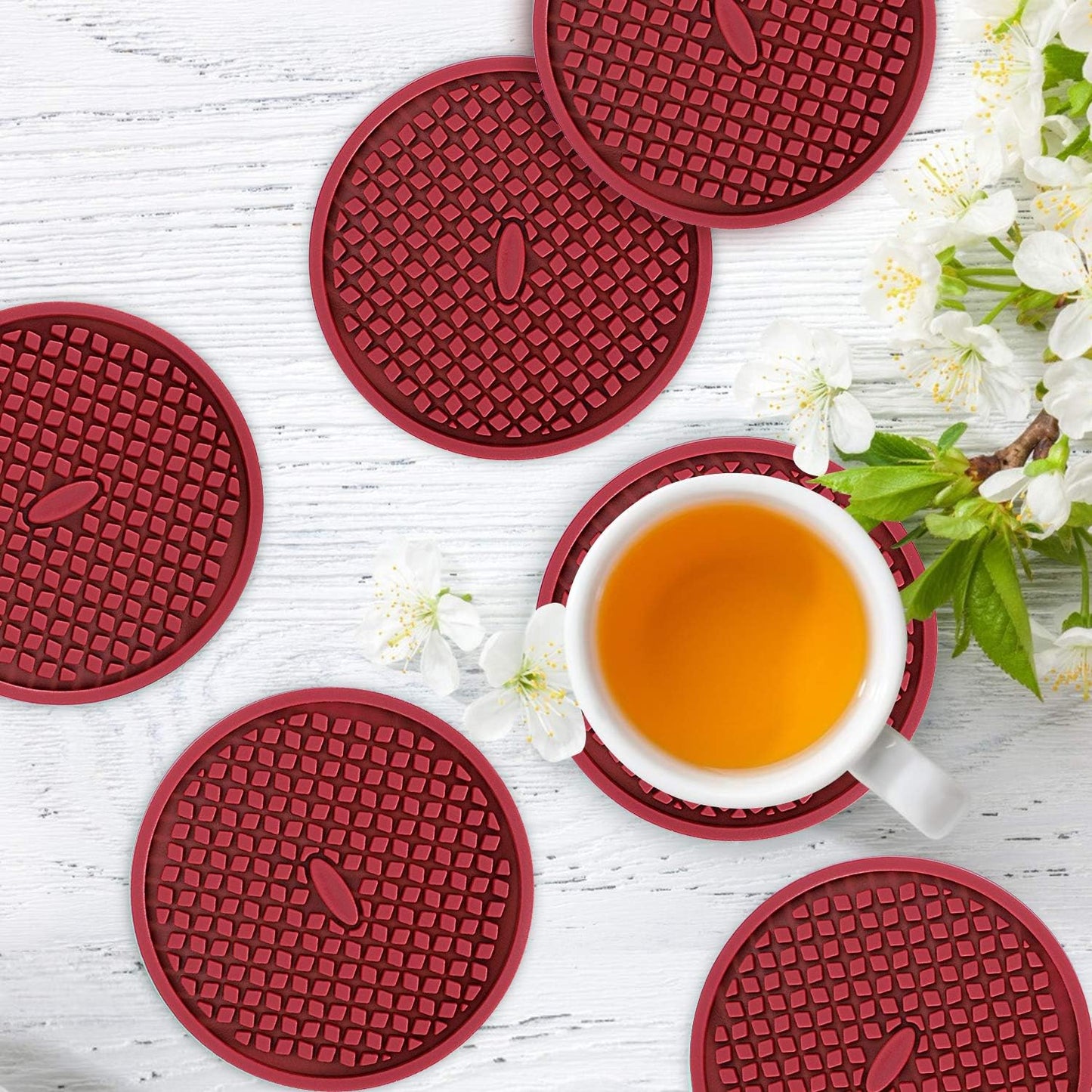 ME.FAN Silicone Coasters [6 Pack] Thickened Drink Coasters with Holder - Cup Mat - Non-Slip, Non-stick, Stay Put, Deep Tray - Prevents Furniture and Tabletop Damages(Wine Red)