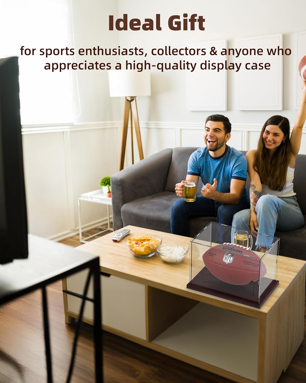 Football Display Case Acrylic Clear, Football Stand Holder Full Size with Solid Wood Base, UV Protected Football Display Box with Removable for Football Fans & Collectors, Memorabilia & Gift