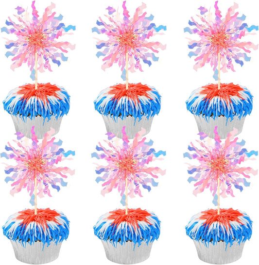 30 PCS Foil Firework Cupcake Toppers Sparkle Tinsel Cupcake Picks Happy Birthday Cake Toppers Drink Stirrers Cocktail Food Fruit Toothpicks for Baby Shower Wedding Party Decorations Supplies Orange