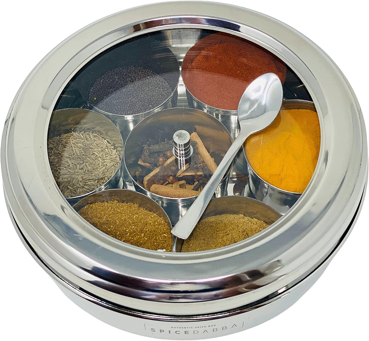 spice dabba Stainless Steel Indian Spice Box, Steel Masala Dabba, Double Lid Spice Container | Gift for Chefs | Size 8x8x2 In (Spice Box Only)