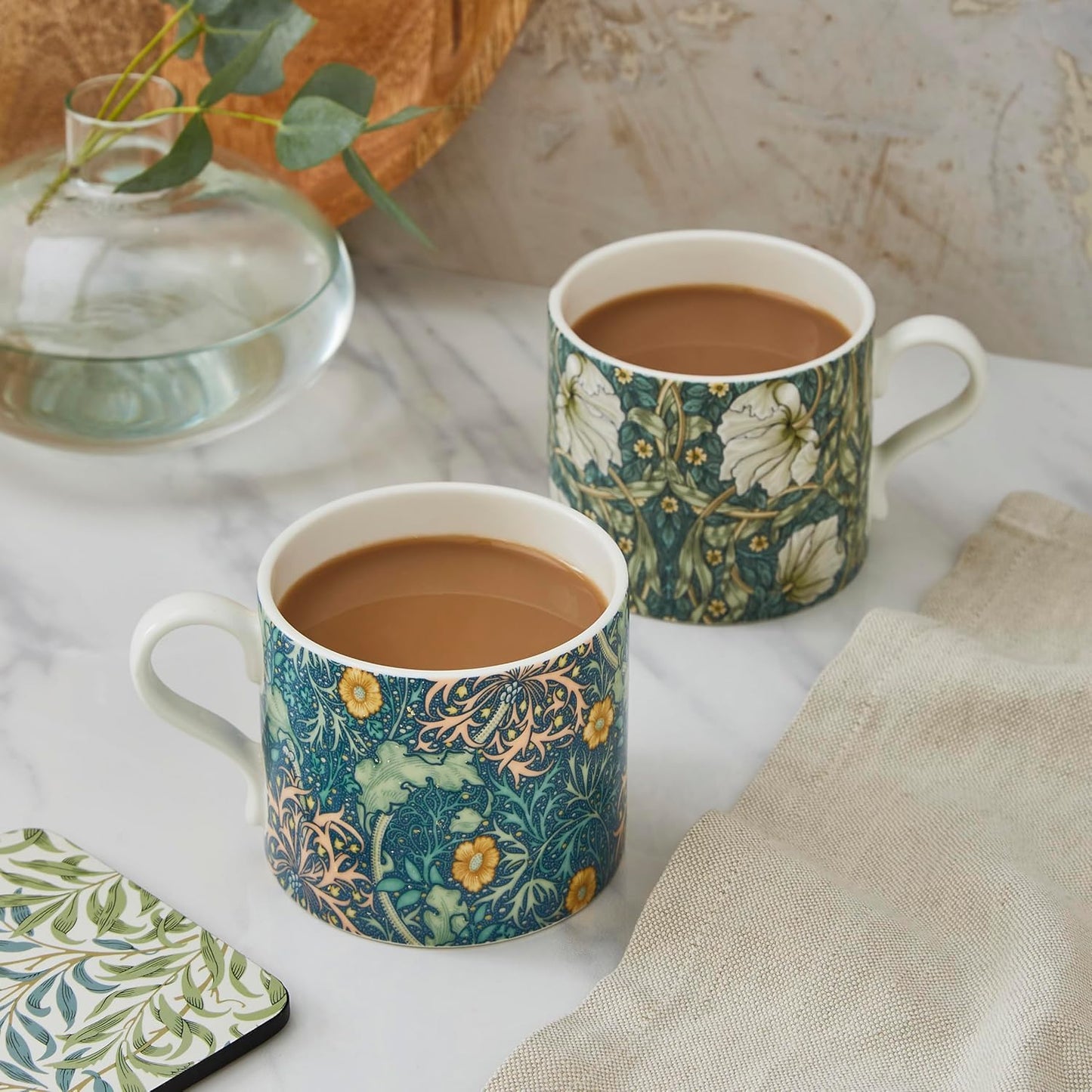 Spode Morris & Co 12oz Mug, Set of 2 - Porcelain Drinkware for Tea or Coffee, Microwave & Dishwasher Safe Cups for Kitchen Shelf Display or Home Coffee Bar Accessories (Seaweed & Pimpernel)