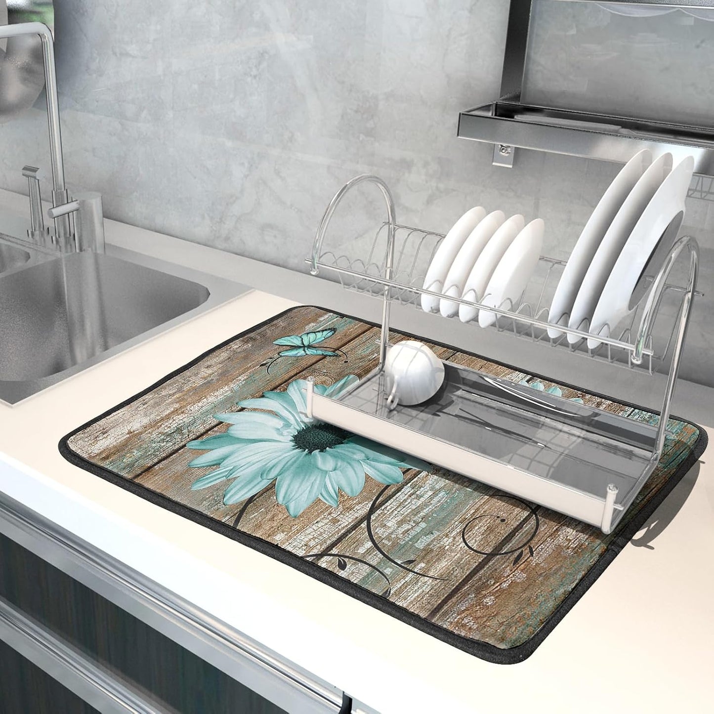 Rustic Daisy Dish Drying Mat for Kitchen Countertop 18x24 inch Teal Sunflowers on Wooden Board Dish Drainer Mats Fast Drying Country Vintage Style Shabby Chic Flower Dish Drying Pad Decor Large