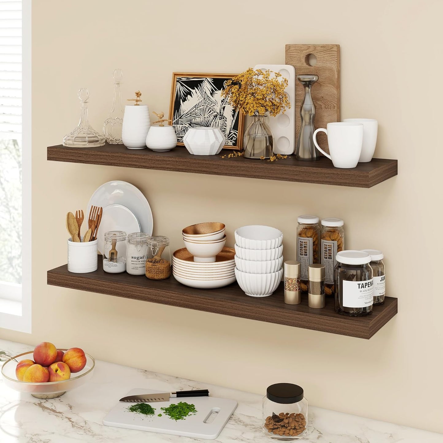 40 Inch Floating Shelves, 9.3" Deep Floating Shelf Wall Mounted, 40" Wall Shelves, Rustic Deep Bookshelf, Large Display Shelves & Storage Shelves for Bedroom, Living Room, Walnut, Set of 2