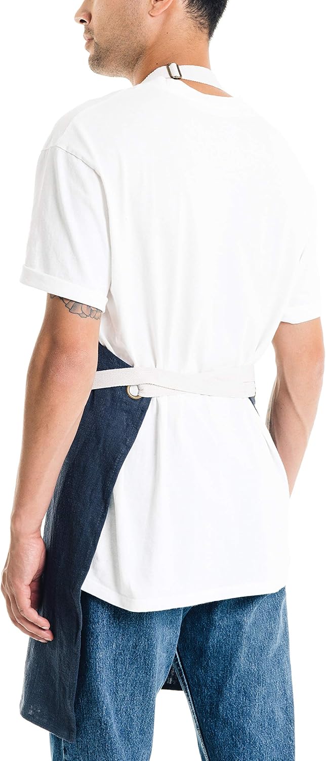 Caldo Linen Kitchen Apron for Cooking- Mens and Womens Linen Bib Apron for Professional Chef, Server, or Barista- Adjustable with Pockets (Navy)