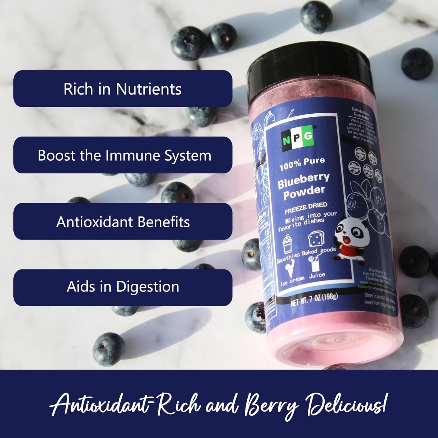 NPG Frezee-Dried Blueberry Powder 7 Oz, Seedless Fine Powder from Wild Wild Blueberries for Smoothies, Baking, Beverages, and Natural Food Coloring, No Sugar Added, Non-GMO