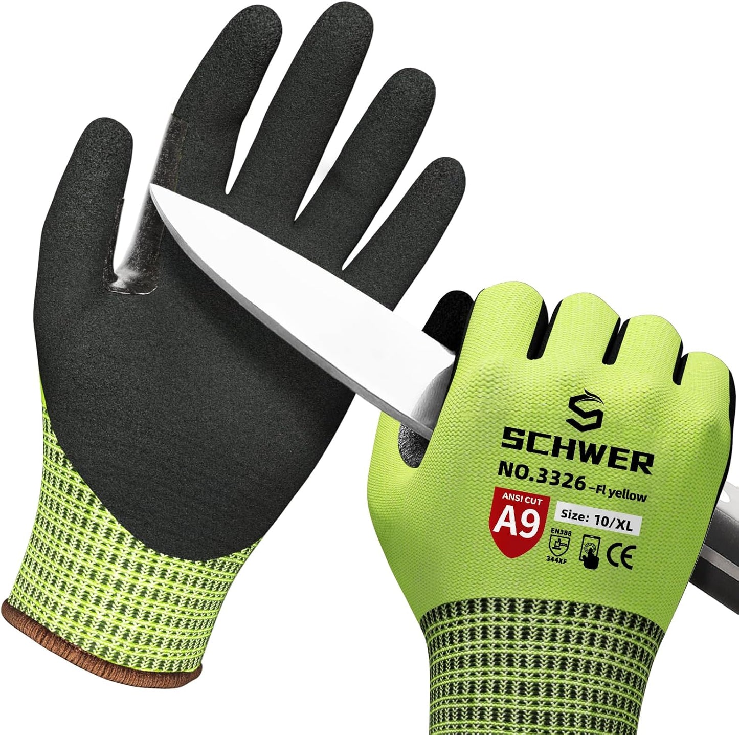 Schwer ProGuard Highest Level Cut Resistant Work Gloves PR3326 for Extreme Protection，ANSI A9 Cut Gloves with Reinforced Thumb, Non Slip, Breathable, Cooling, Durable, Touch-screen, Yellow 1 Pair（XL）