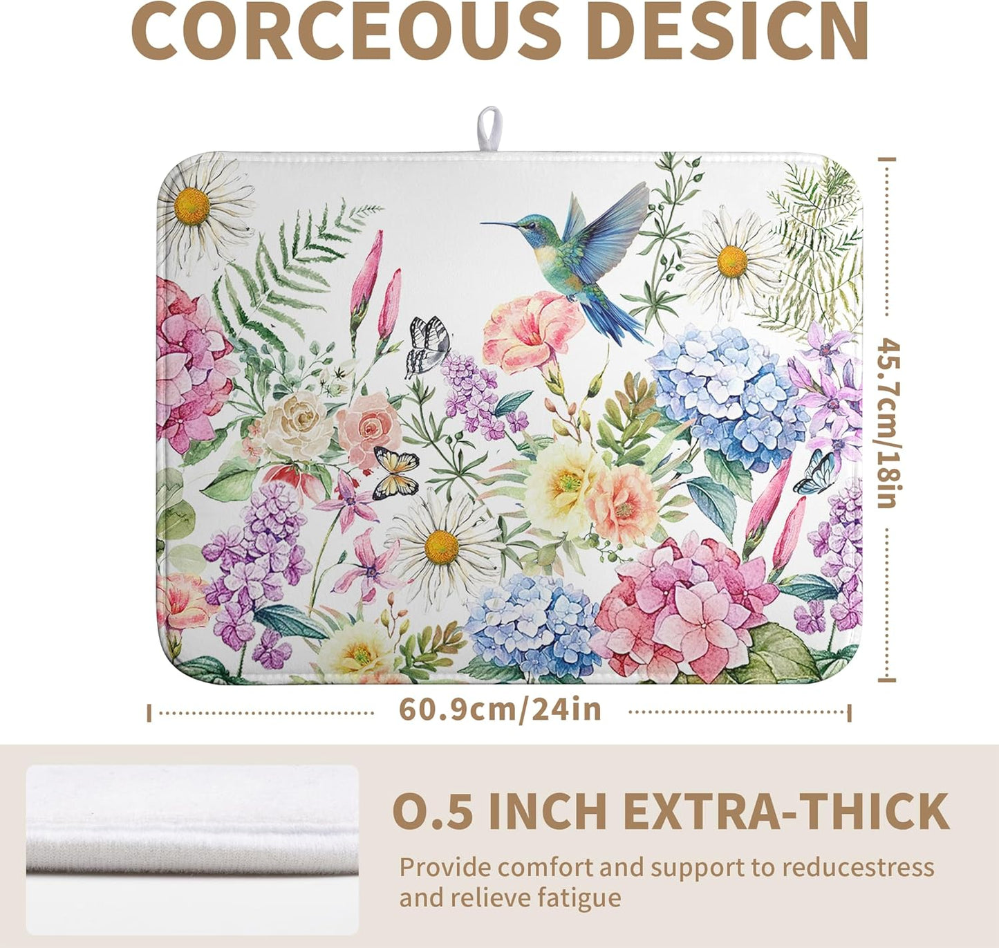 Spring Floral Birds Dish Drying Mat Summer Butterfly Flowers Kitchen Dish Drying Pad Daisy Absorbent Dish Dryer Mat for Kitchen Countertops Microfiber Dishes Drainer Pad (18x24 in)