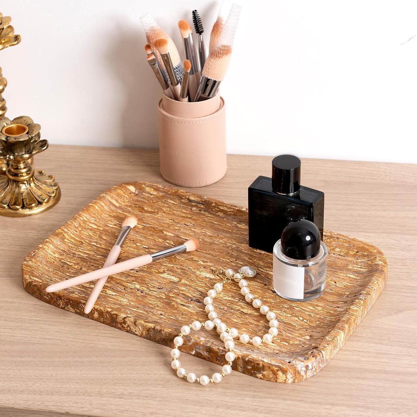 Natural Marble Vanity Tray, 11.8" Travertine/Stone Bathroom Tray Countertop, Golden Stone for Perfume Jewelry Holder, Decorative Dresser Organizer, Storage for Kitchen Sink(Walnut Traver)