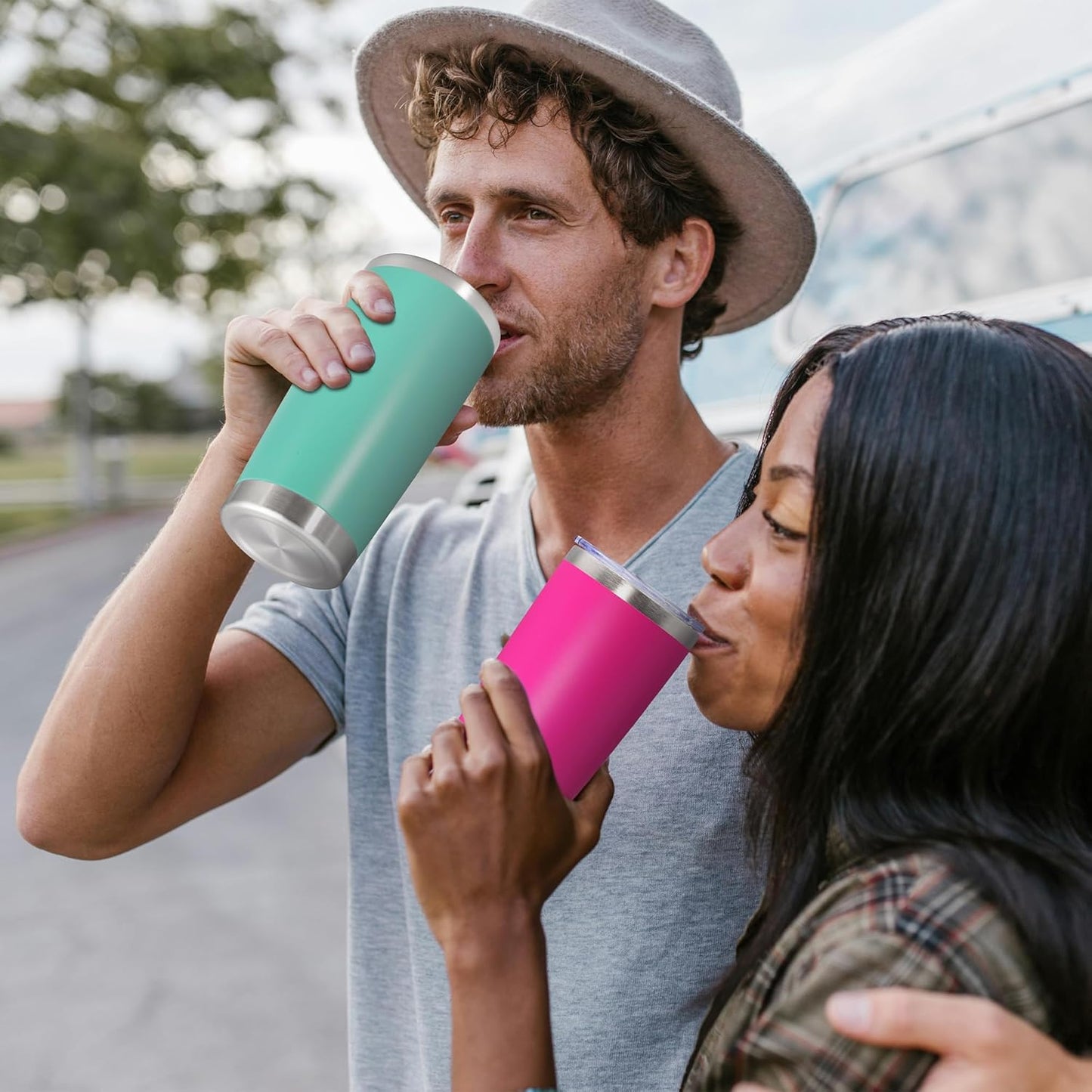 20oz Tumbler Stainless Steel Tumbler Cup with Lid Vacuum Insulated Double Wall Travel Mug, Durable Powder Coated Travel Coffee Tumbler Mug for Hot & Cold Drinks, Light Blue,4 Pack