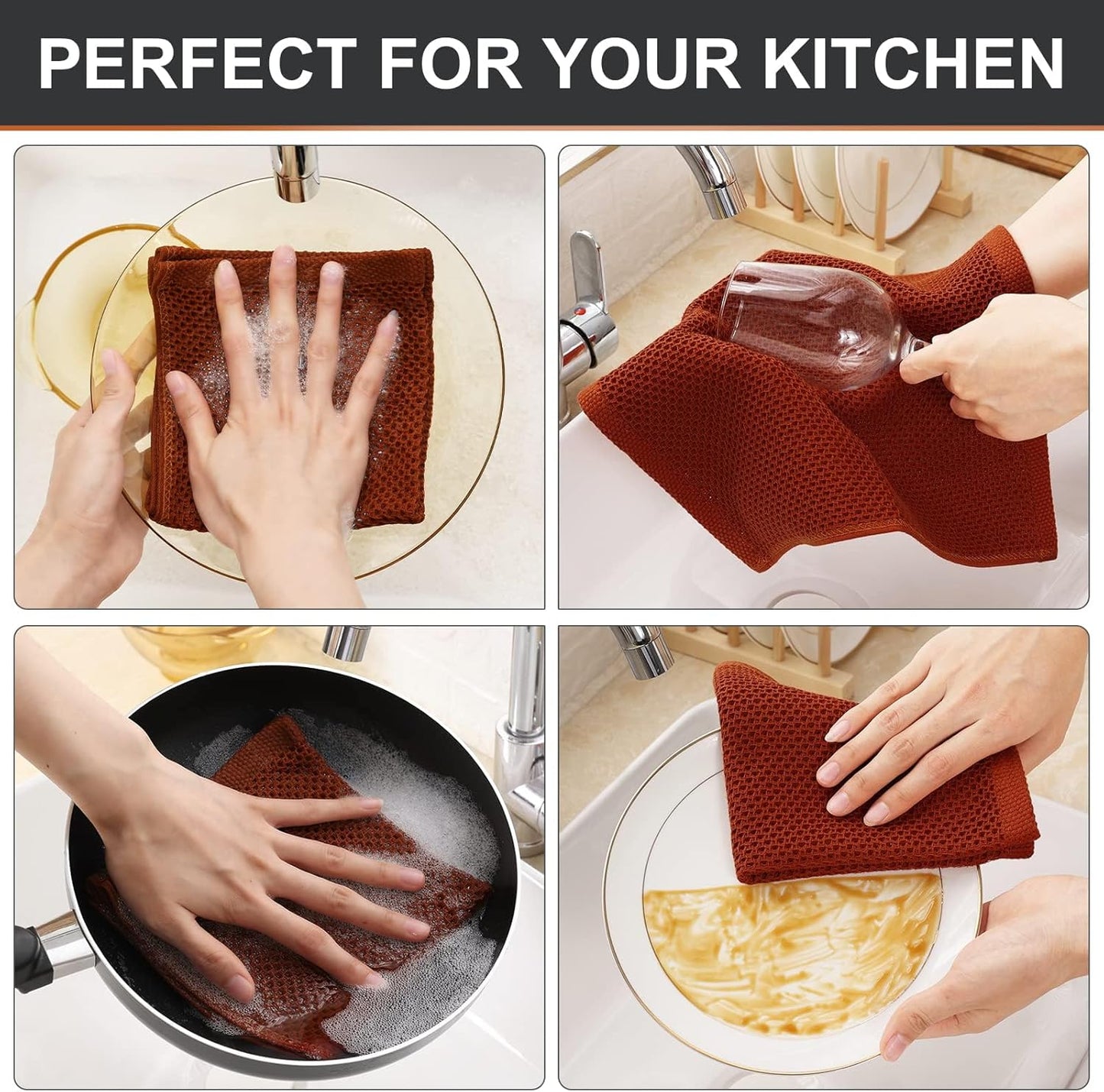 Kitinjoy 100% Cotton Kitchen Dish Cloths, 8 Pack Waffle Weave Ultra Soft Absorbent Dish Towels for Drying Dishes Quick Drying Kitchen Towels Dish Rags, 12 X 12 Inches, Rust