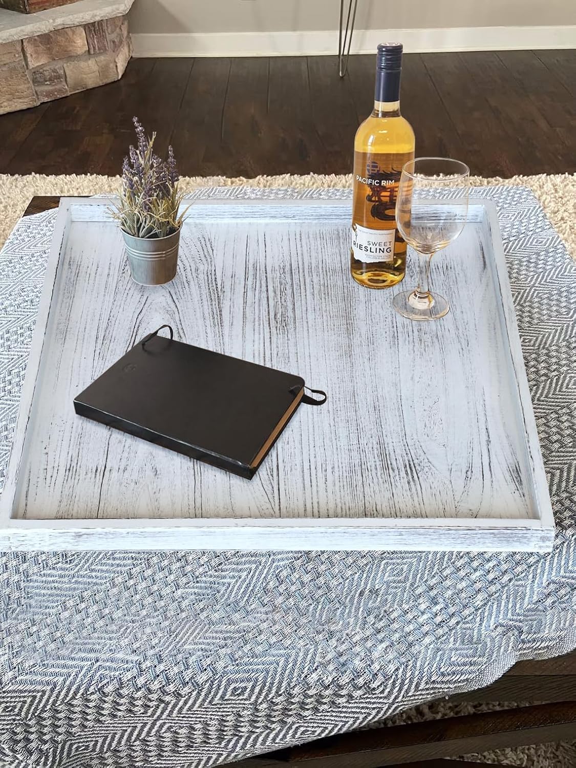 Extra Large Square Ottoman Table Tray 24" - Rustic Wooden Serving Tray for Farmhouse Decorative Oversized Coffee Table Trays Living Room Kitchen Counter Breakfast Whitewash