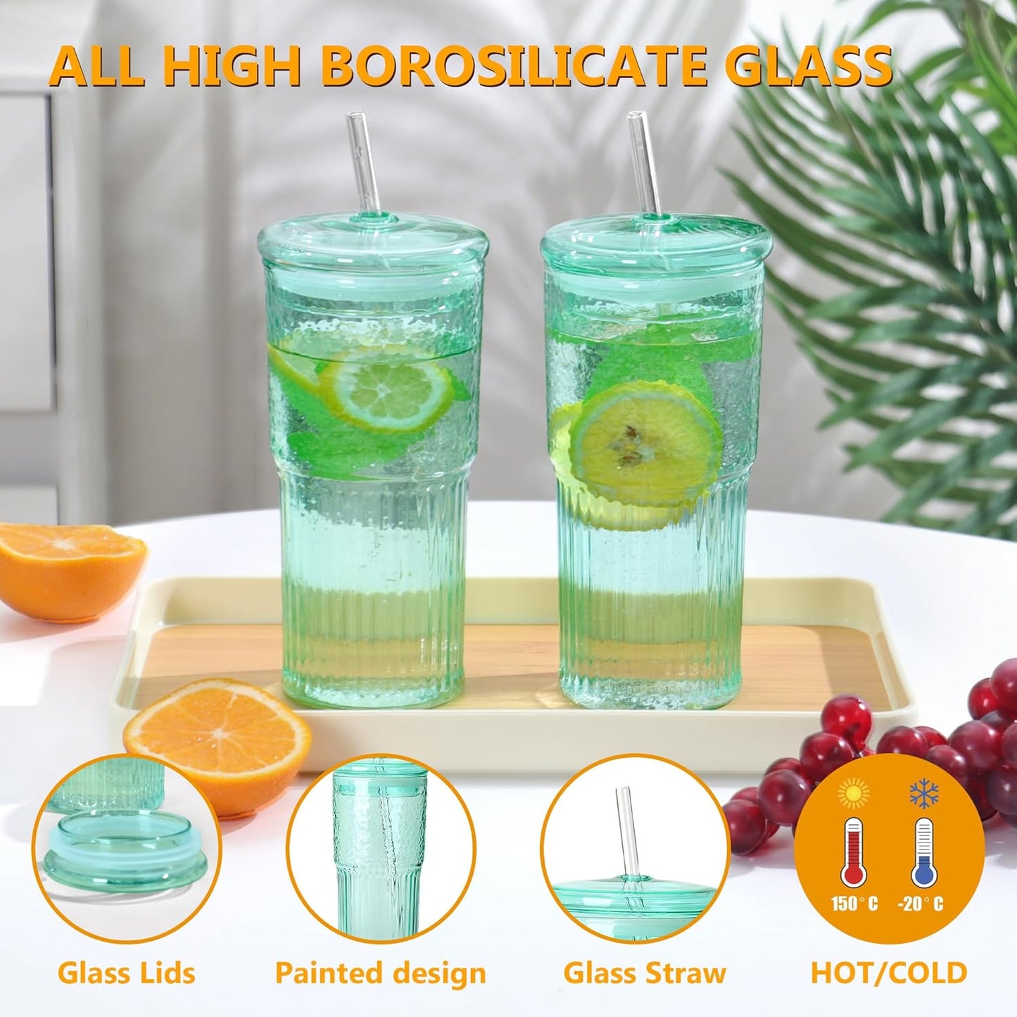 20 OZ Glass Cup with Lids and Glass Straws, High Borosilicate Iced Coffee Glass Tumblers with Lid and Straw for Drinks, 2pcs Reusable Wide Mouth Smoothie Cup(Cyan)