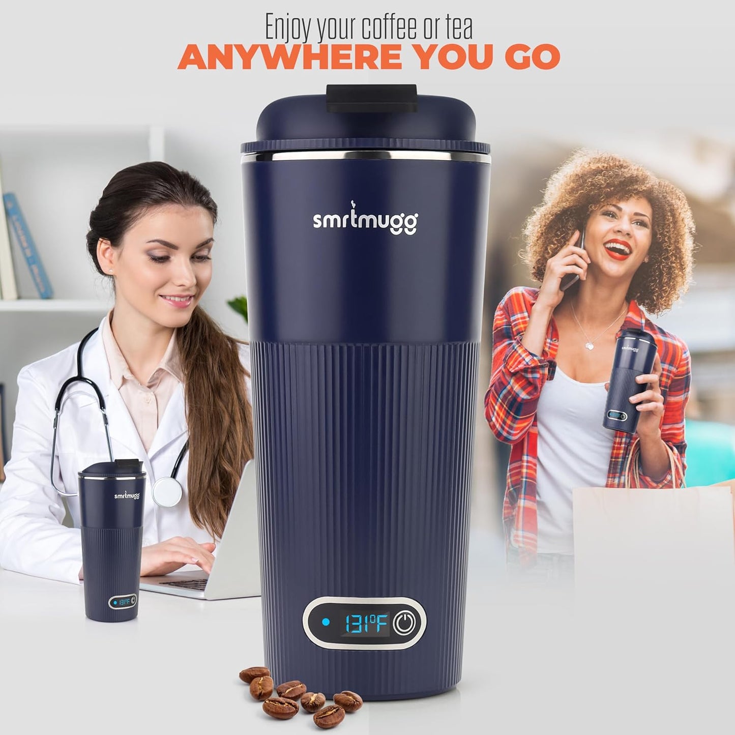 GO Heated Coffee Mug, Travel Mug, 13.5 OZ. Smart Mug, Battery Powered Heated Coffee Mug, Great for Coffee and Tea, Snap on Magnetic Charging Cord, New and Improved (Navy Blue)