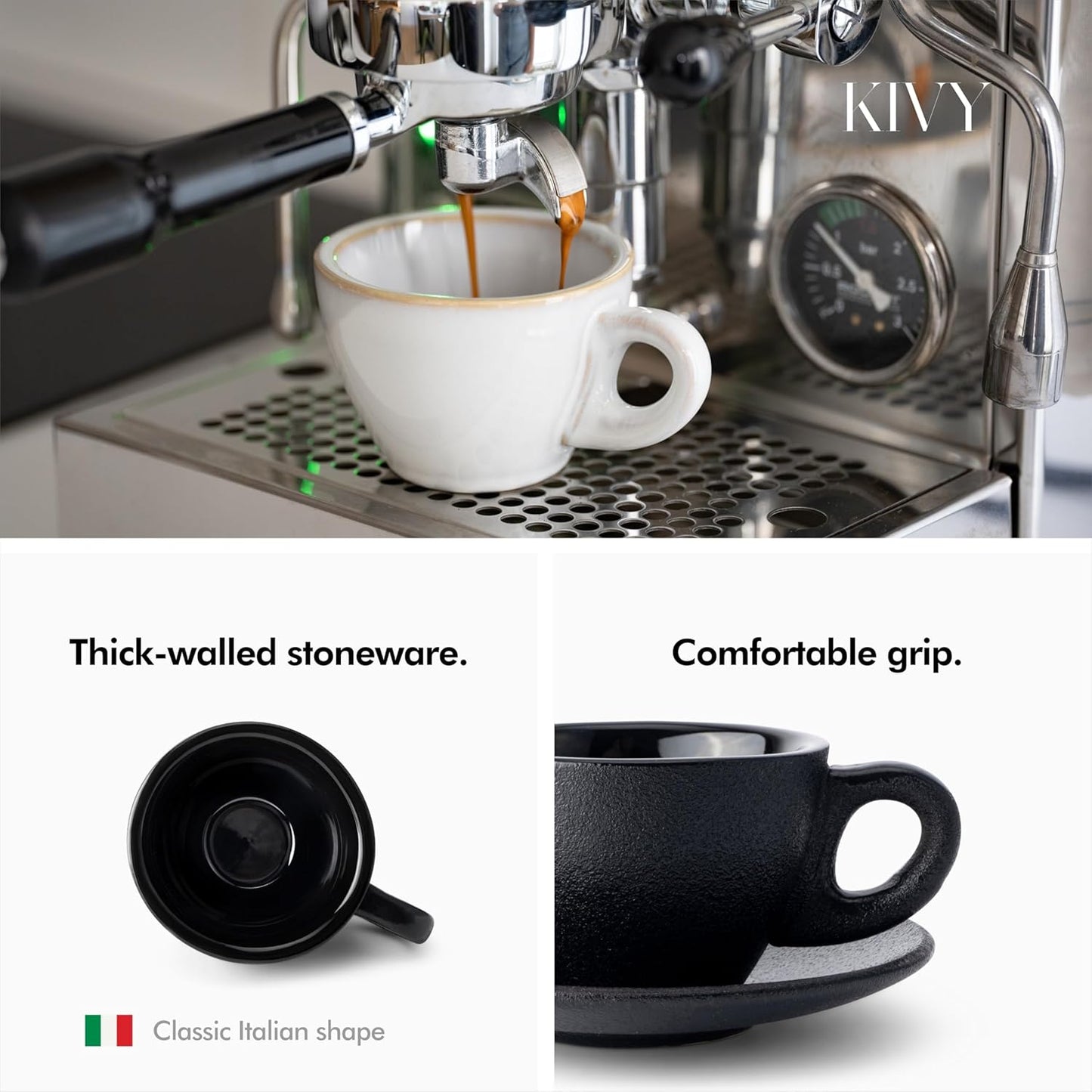 KIVY Cappuccino cups set of 4 [8oz] - Thick-walled stoneware cappuccino cup set for latte art - Latte mugs - Latte cups - Latte mug - Coffee cup black - Ceramic latte cup and saucer