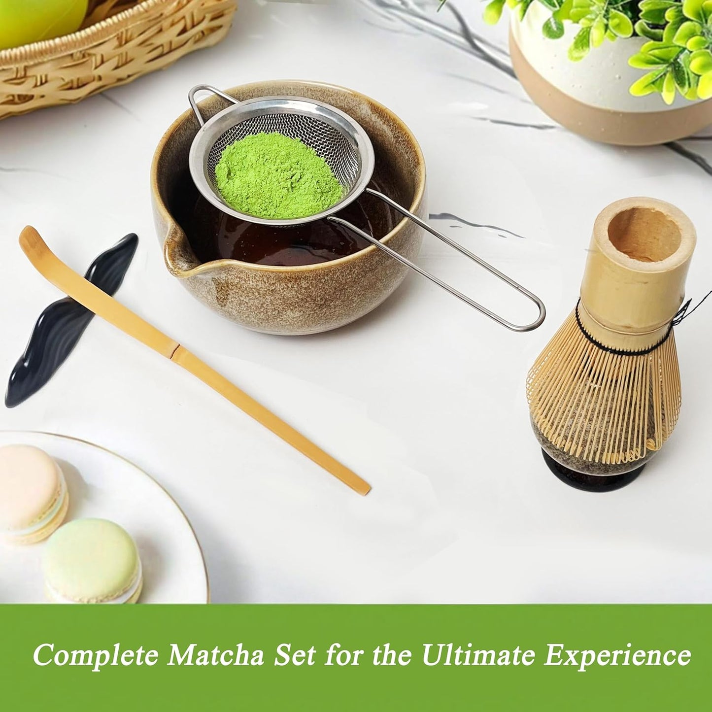 Matcha Tea Set (7pcs) - Matcha Whisk Set with Bowl, Whisk Holder, and Pouring Spout Bowl, Perfect Matcha Starter Kit for Tea Ceremony (Amber Sand)
