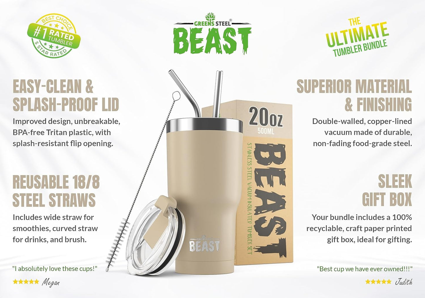 Beast 20 oz Tumbler Stainless Steel Vacuum Insulated Coffee Ice Cup Double Wall Travel Flask (Sand)