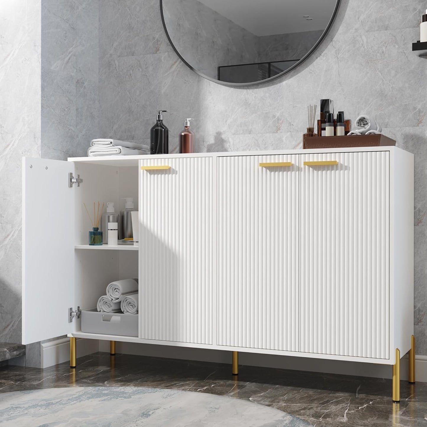 White Fluted Sideboard Cabinet - Luxury Buffet Table with 4 Doors, Large Coffee Bar Station for Living Room, Kitchen, Hallway, Entryway Storage