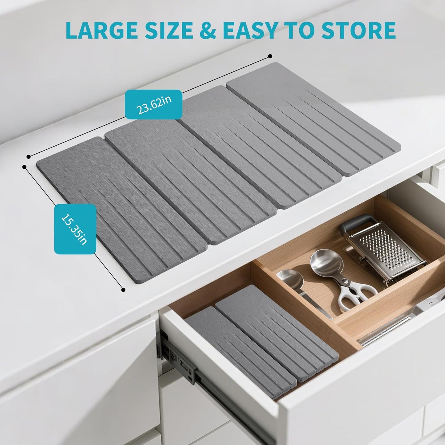 Extral Large Quick Dry Stone Drying Mat for Kitchen Counter,28x16 Inch Collapsible Eco-Friendly Absorbent Diatomaceous Earth Mat for Dishes Cups (Medium Gray-Upgraded Version, 24x16 inch)