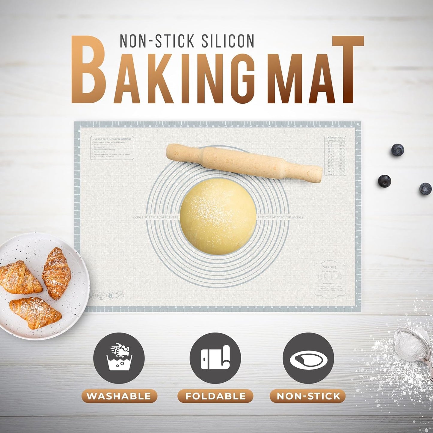 36 * 24 inches white grey, Non-Slip Silicone Baking Sheets - Baking Mat with 0.7mm Thickness - Non-Stick Pastry & Cookie Mat for Kitchen Counter for Rolling Out Dough with Measurements.