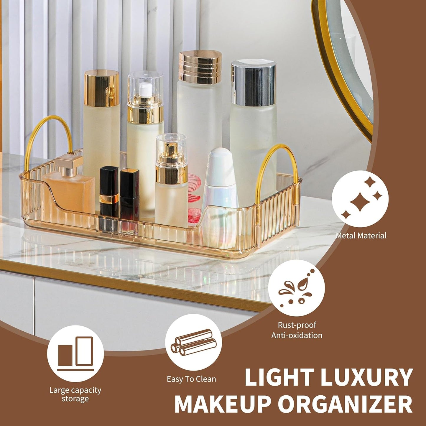 YCIA&DONE Bathroom Organizer Countertop, Makeup Storage, Skincare Cosmetic Tray Shelf, Perfume Holder Rack for Vanity Counter, Large Capacity, Easy to Install, Clean, 1 Tier, Amber Gold