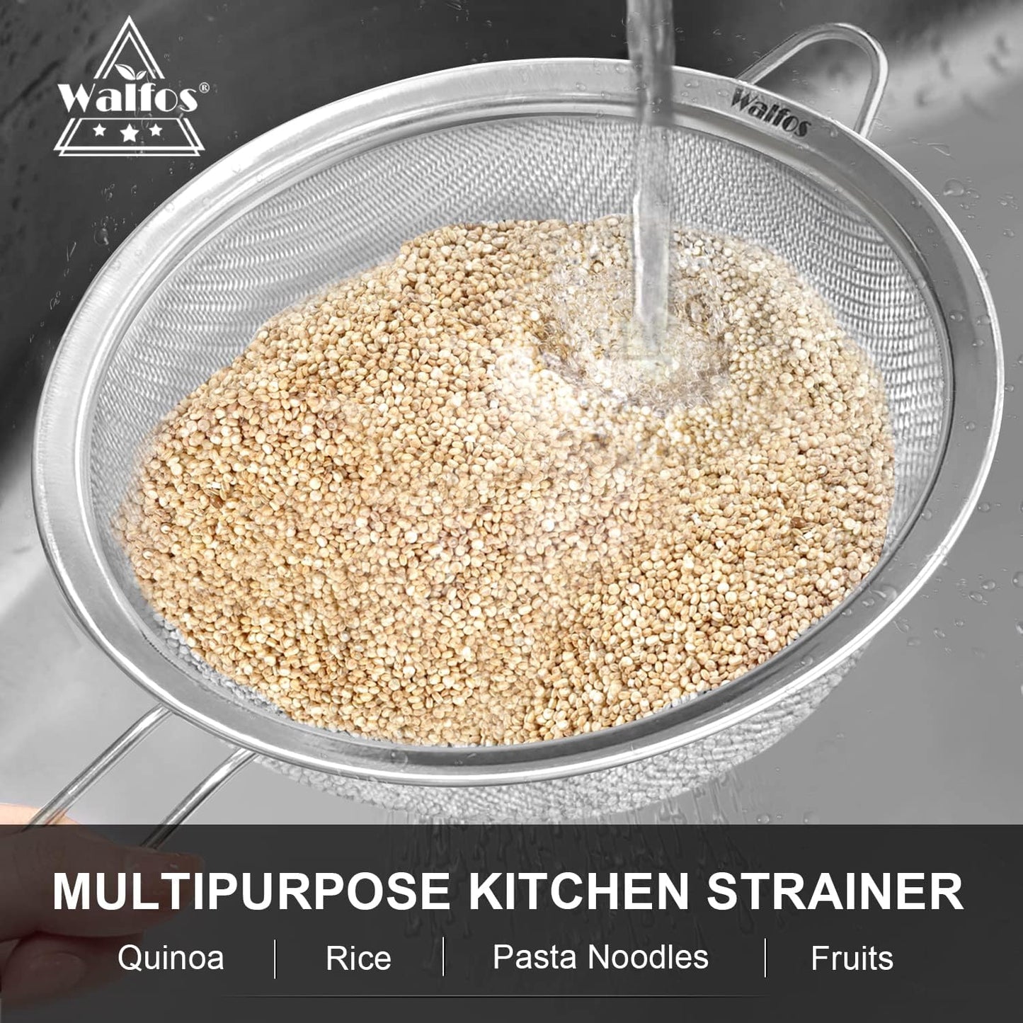 Walfos 9 Inch Large Fine Mesh Strainer, Kitchen Metal Food Strainers with Sturdy Handle, Stainless Steel 30 Mesh Sieve Sifters for Rice, Quinoa, Pasta, Fruits, Vegetables, etc.