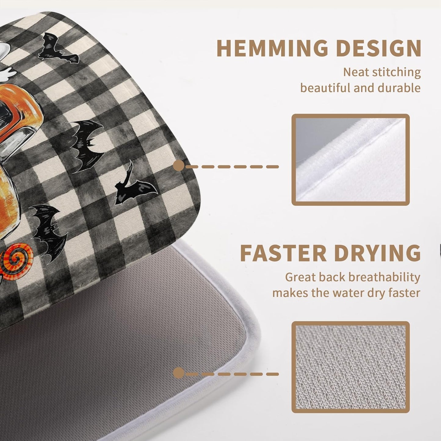 Halloween Buffalo Plaid Dish Drying Mat Fall Pumpkin Rustic Large Kitchen Mats Dish Drying Pad Absorbent Dish Dryer Mat for Kitchen Countertops Microfiber Drainer Pad Dish Drying Mats (18x24 in)