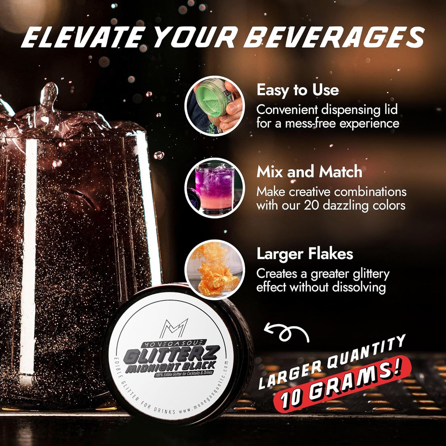 MONÉGASQUE Black Edible Glitter for Drinks 10g – Halloween Edible Glitter for Cakes & Cocktails – Cocktail & Drink Shimmer Dust – Cupcake Sprinkles Decorating Toppers & Cake Decorations Spray Sparkles