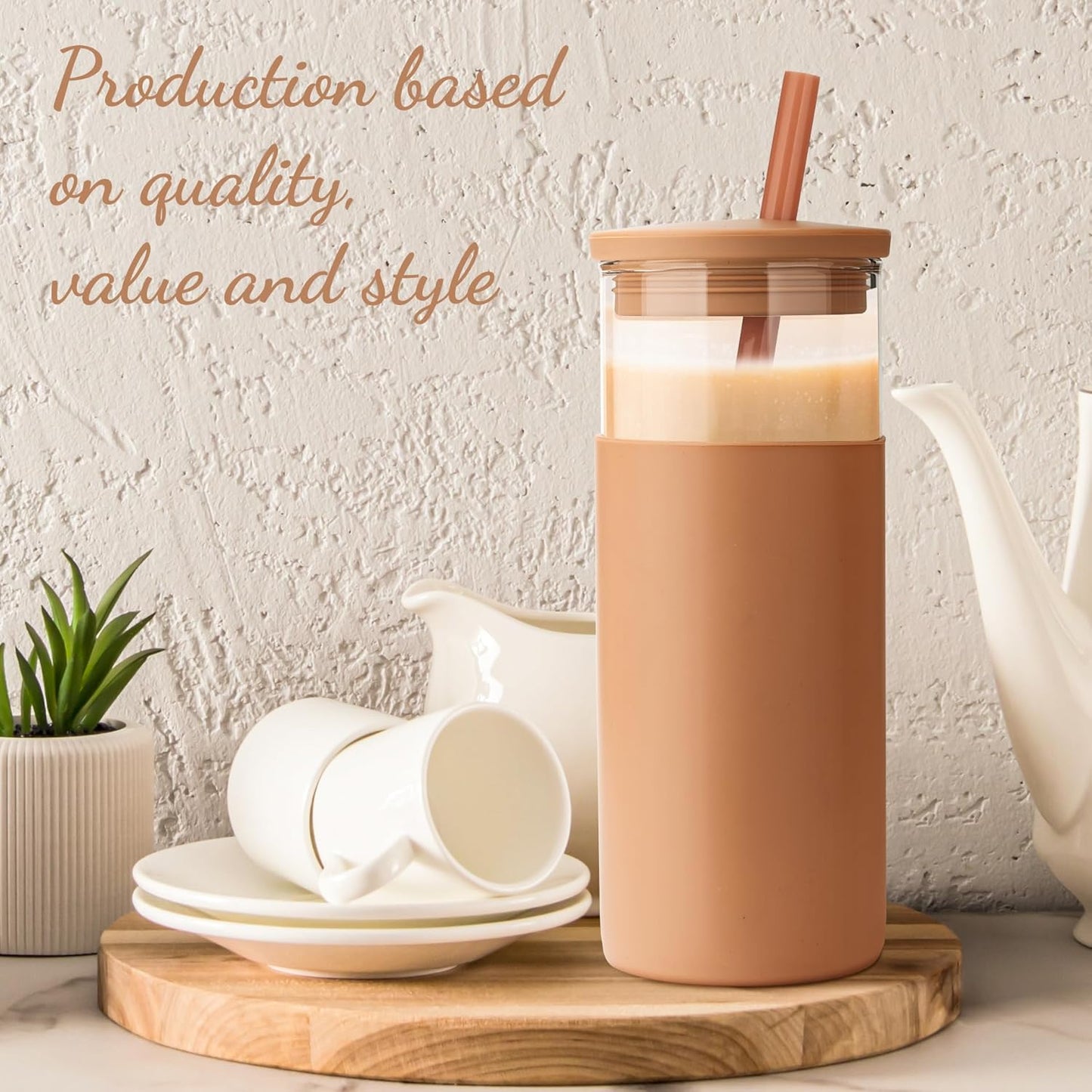 Tronco 20 oz Glass Tumbler With Lids and Straws, Reusable Smoothie Cups With Silicone Lid, Iced Coffee Cup With Silicone Protective Sleeve, Dishwasher Safe- BPA Free（Blackish Green 1 Count）