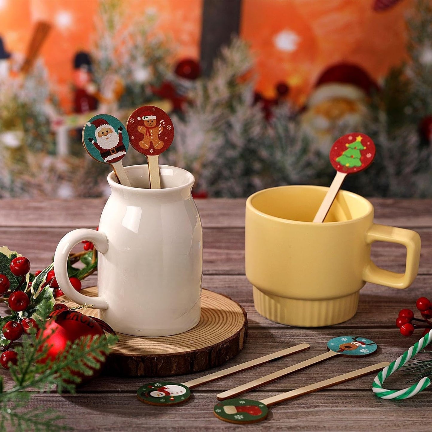 Jinei 120 Pcs Christmas Wooden Coffee Stirrers Wood Cocktail Coffee Stir Sticks Disposable Drink Stirrers for Stirring Hot Chocolate Milkshake Restaurant Home Office (Assorted Style)