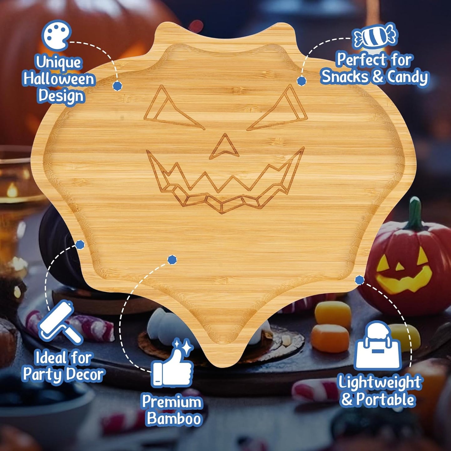 TJ POP Halloween Bat-Shaped Bamboo Serving Tray - 10"x9" Spooky Bat Snack Dessert Platter, Eco-Friendly Natural Wooden Charcuterie Board for Candy, Cookies, Appetizers, Party Decor & Festive Feasts