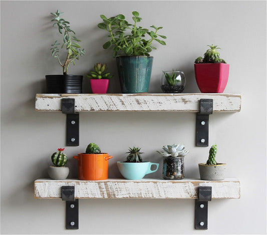 Urban Legacy Accent Shelves | Reclaimed Barn Plank | Set of 2 with Full Brackets (White Wash 30" x 4.5" x 2")