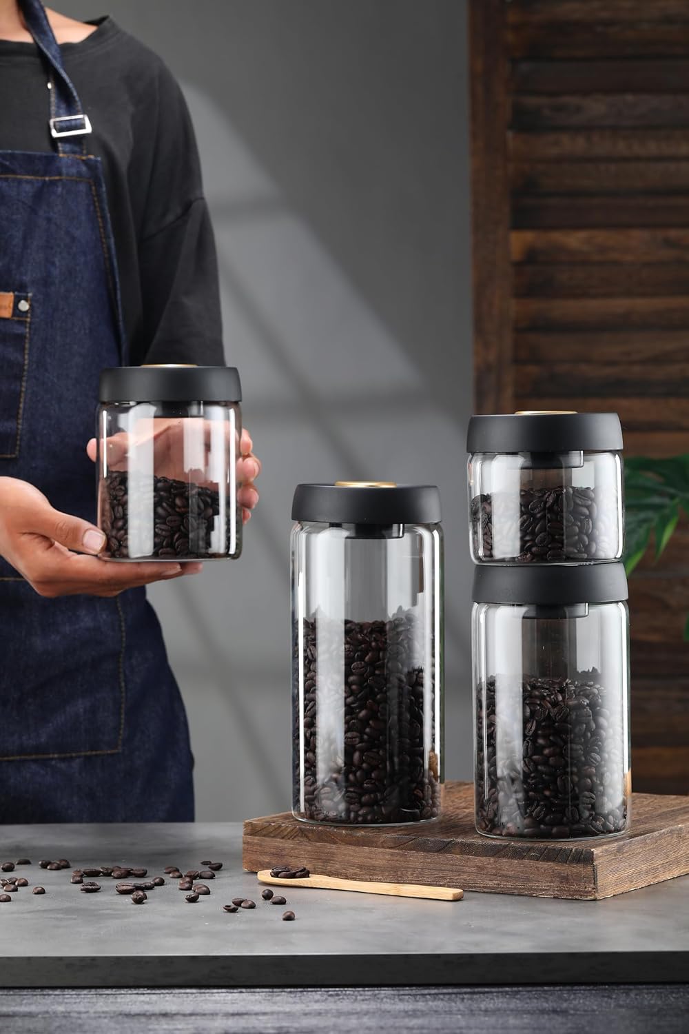 LOEZ Coffee Bean Storage Container Airtight, Lid Sealed with Press-Down Vacuum, Borosilicate Glass Coffee Canister for Ground Coffee, Tea, Beans, Spices (2 x Small - Clear)