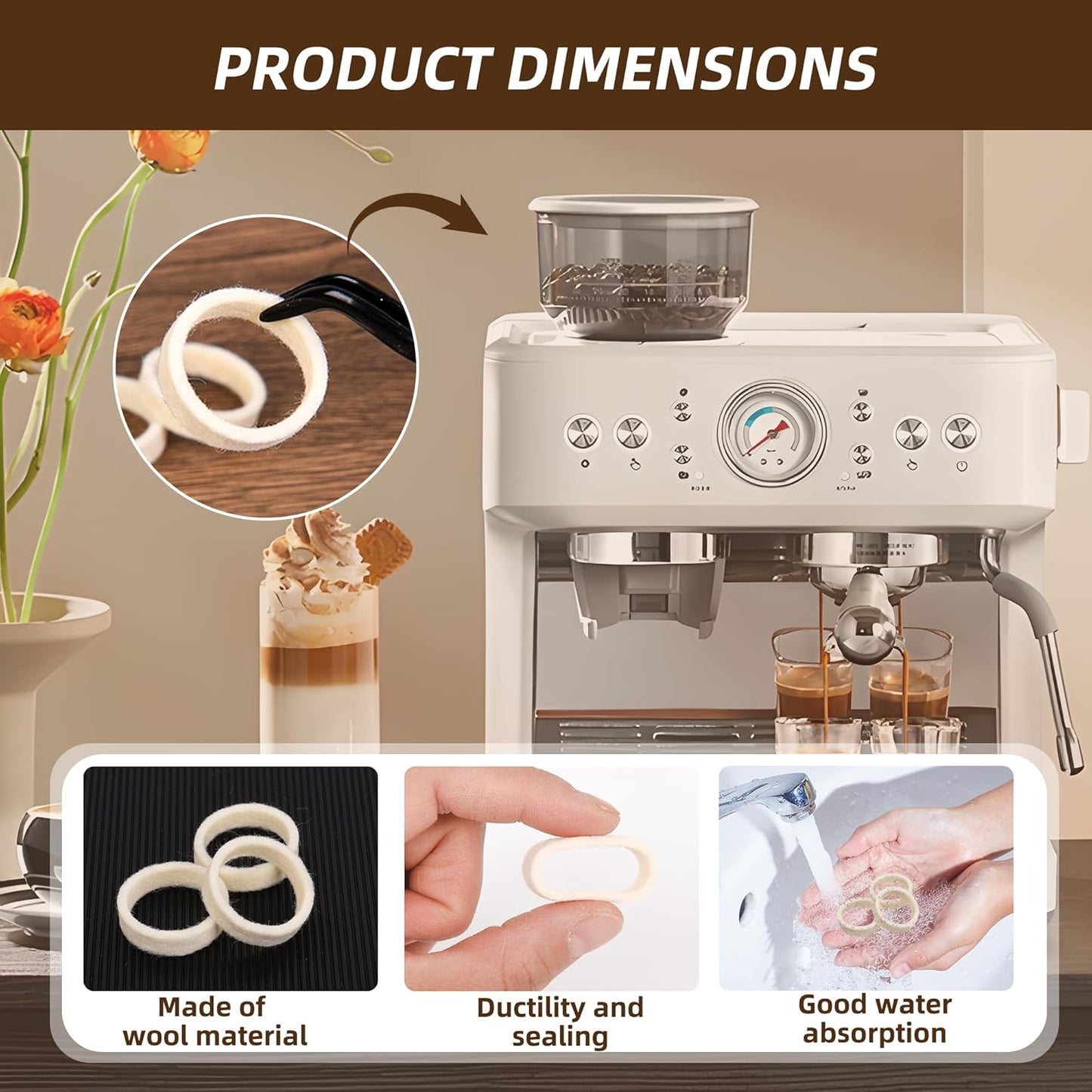 Felt Washer Replacement for Breville Espresso Machine Grinders (6 Pack), Felt Washer Lower Burr Wool Ring Compatible with BES870, BES878, BES880, BES980, BCG820 Accessories