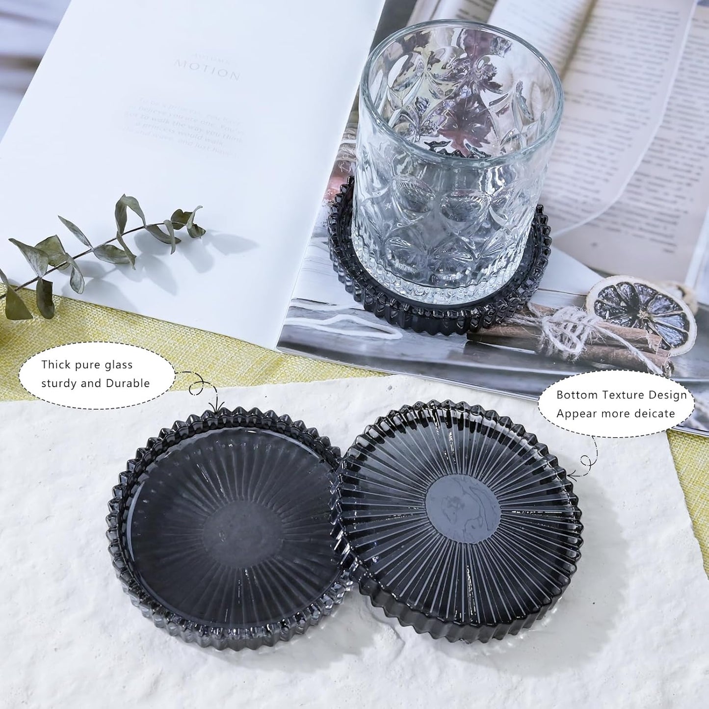 Glass Coaster 6 Pack Round Cup Coasters for Drinks,Crystal Coffee Coaster,Stylish Drink Coasters for Kitchen Bar Dining Room Living Room Office Decor and Jewelry Storage,Gray