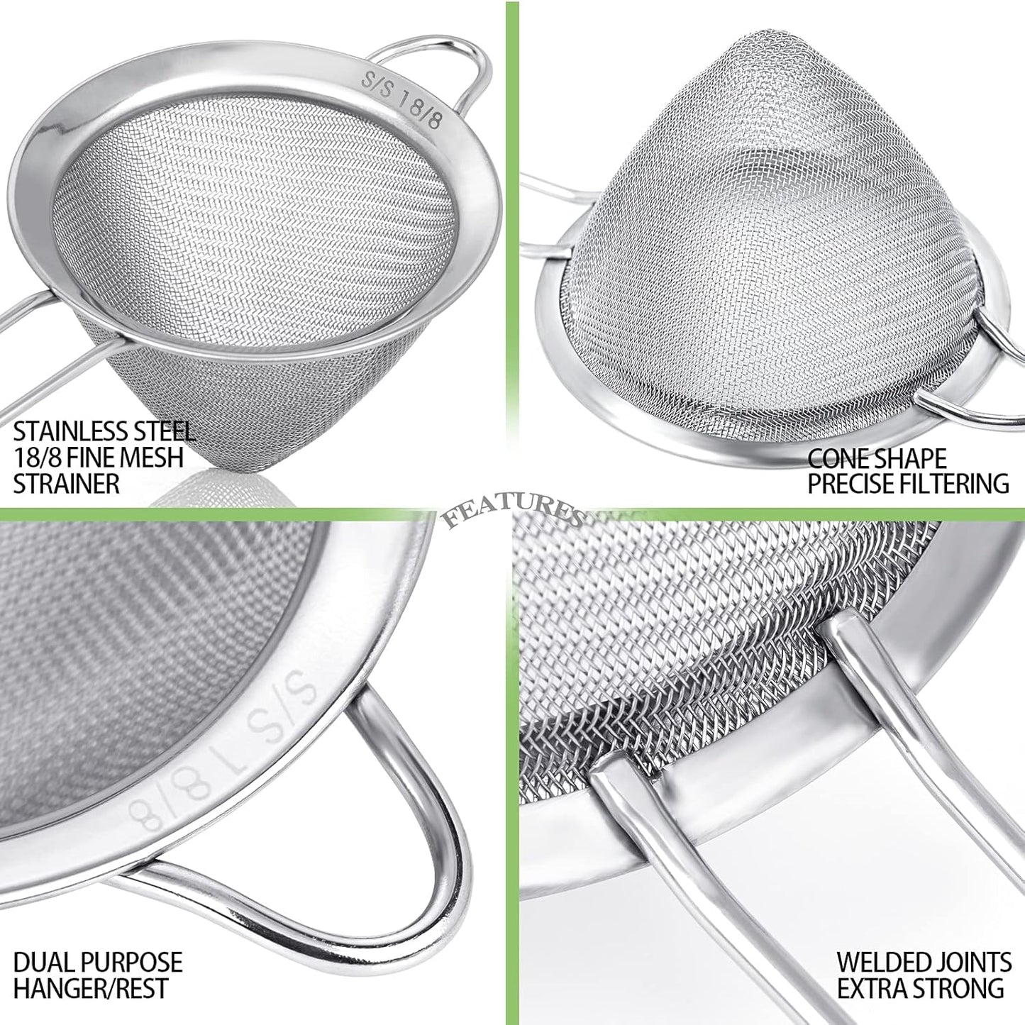 2 Pack Stainless Steel 18/8 Small Food Strainer, Fine Mesh Sieve with Long Handle, Cocktail Strainer For Cocktails, Tea Herbs, Coffee & Drinks, Rust Proof & Great as Tea Strainer, 3.5inch