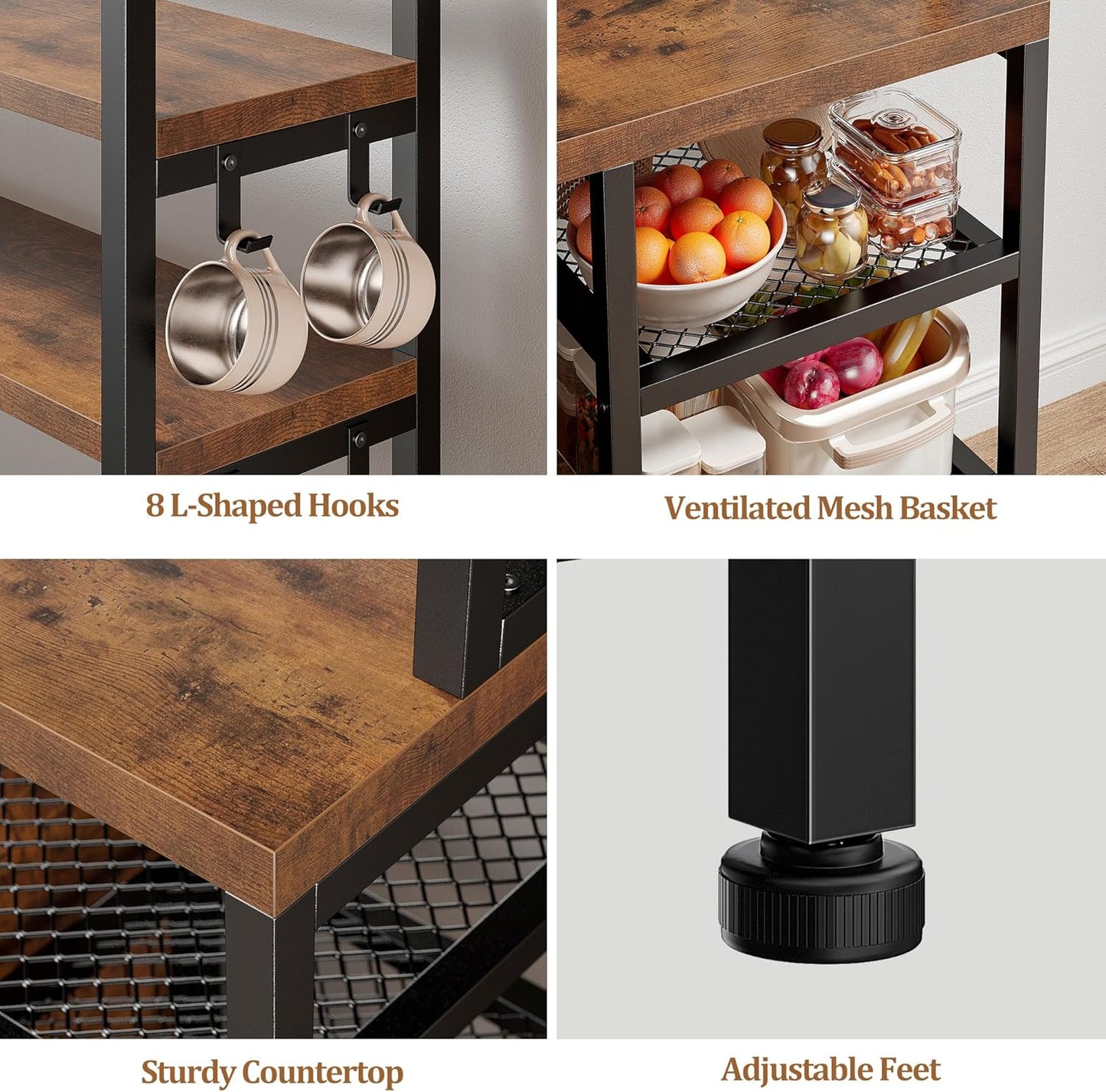 EnHomee Bakers Rack, 6 Tier Microwave Stand, Coffee Bar Organizer with 8 L-Shaped Hooks, Kitchen Shelves with Large Capacity Storage, 14.1 x 30.1 x 63.1 Inches, Rustic Brown