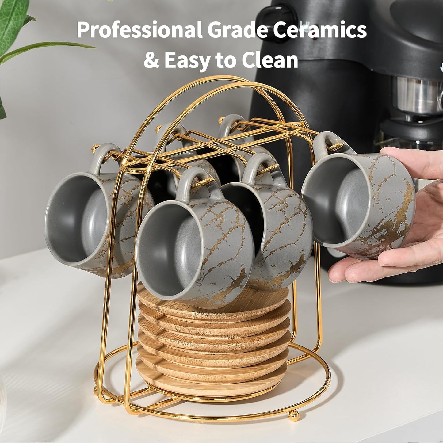 LUKA Ceramic Espresso Cups with Saucers and Metal Stand, Small 4 oz Porcelain Demitasse Cups Set of 6, Cute Cappuccino Coffee Cups for Double Espresso, Tea, Marbling Gray