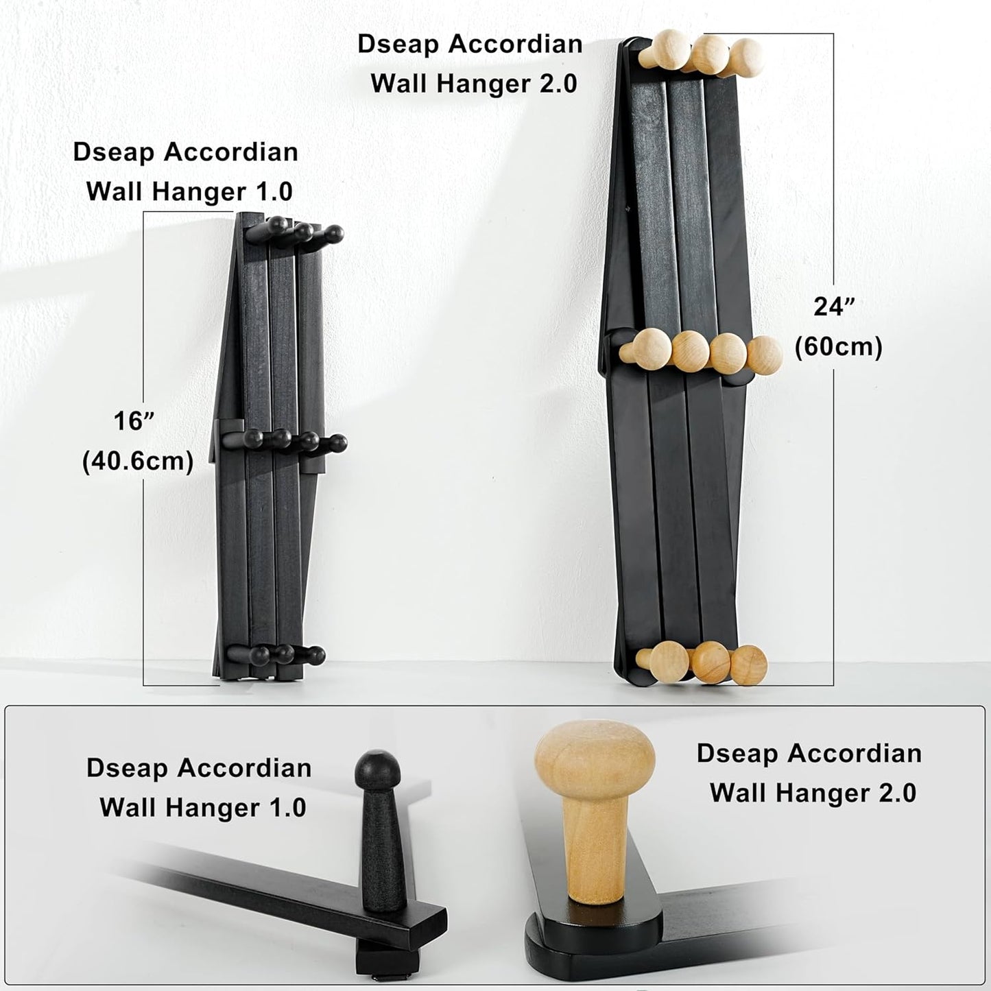 Dseap Expandable Coat Rack (Larger Version) - 24” High, Anti-Slip, Ultra Heavy Duty Wooden Accordian Wall Hanger with 10 Study Peg Hooks for Clothing Hats Jackets Bags, Black/Natural