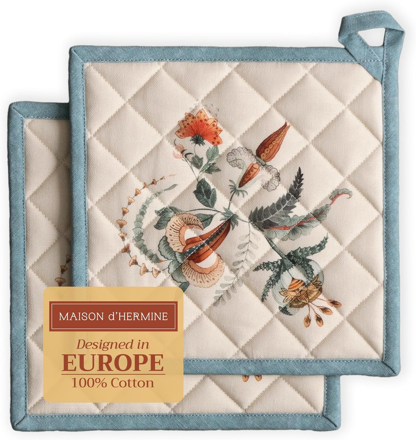 Maison d' Hermine Pot Holders Set 100% Cotton Heat Resistant Potholders 8" x 8" Hot Pads with Loop BBQ, Cooking, Baking, Grilling, Kitchen, Handling Hot Pans (Pack of 2, Dalida)