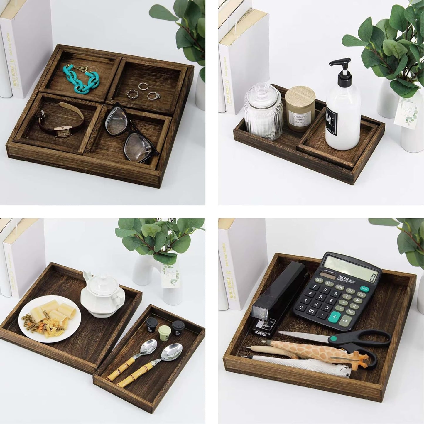 Rustic Wooden Serving Trays with Handle, Serving Platters, Charcuterie Board Set of 5 Nesting Food Trays for Serving Food, Home Decor/Breakfast/Coffee Table/Butler/Ottoman/Bed Tray