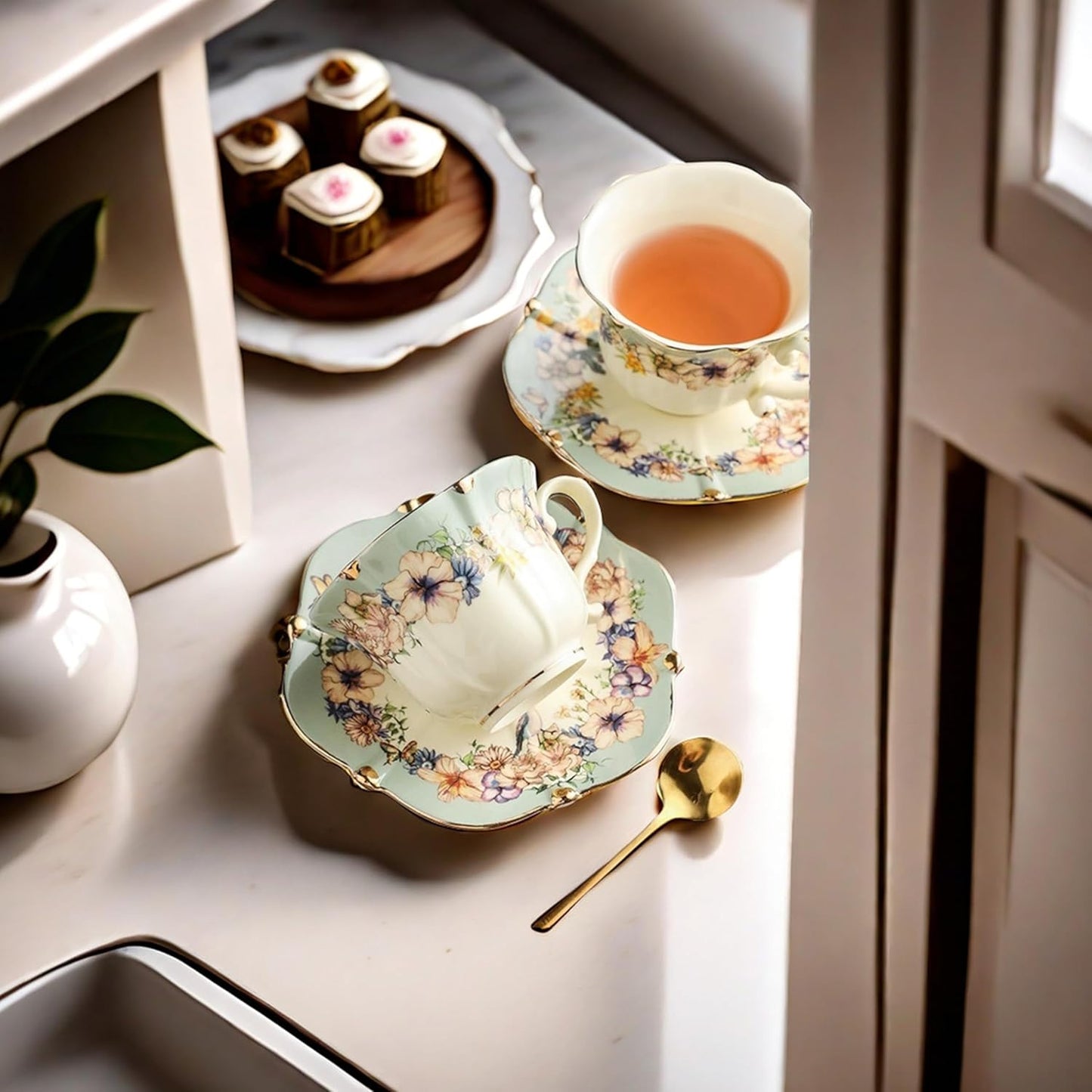 TATSUMI Country Roses Bone China Tea Cup and Saucer Set, 3 Pieces, Vintage Style, For Women and Tea Parties(Dutch Blue,1 Set)