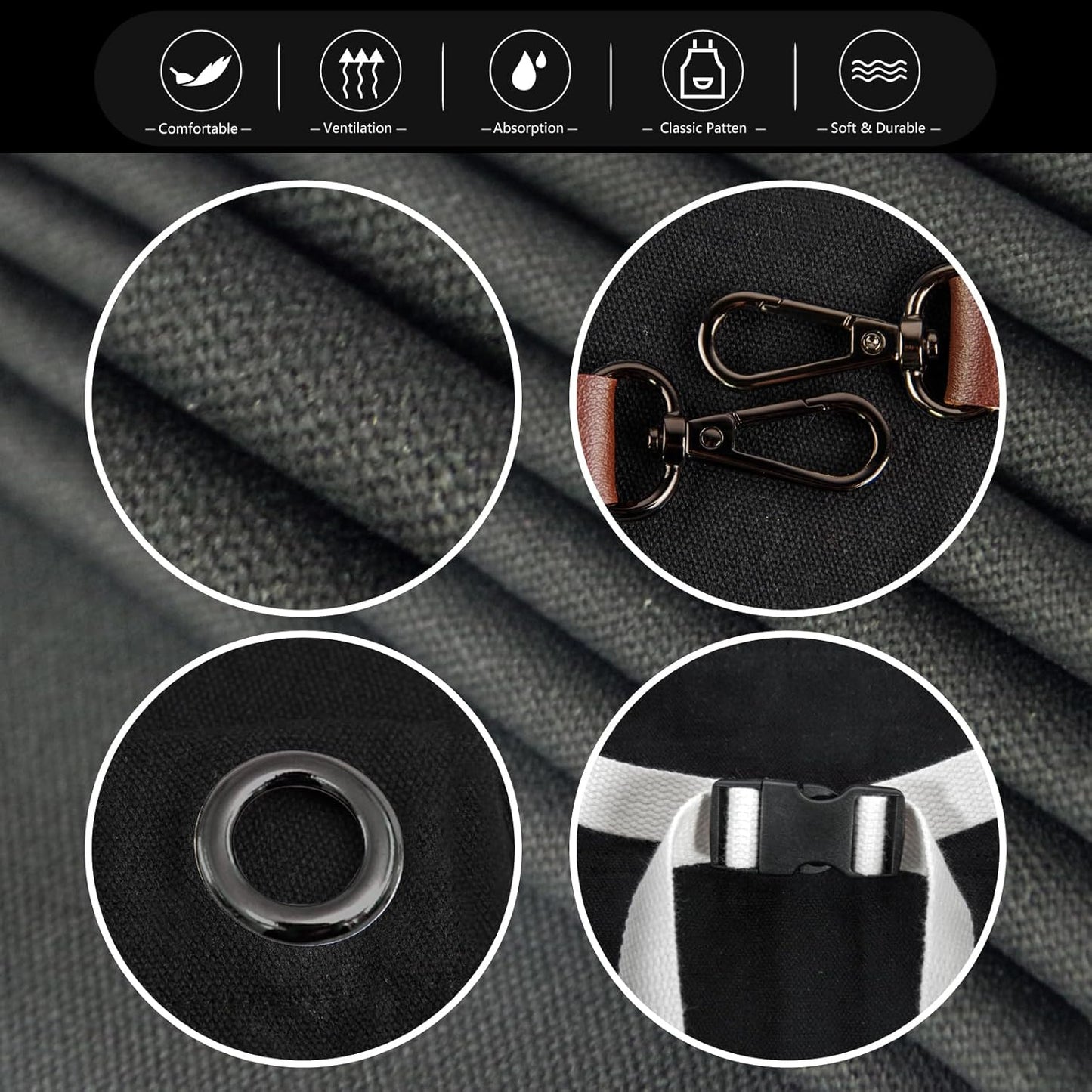 5 Pack Kitchen Apron, Work Apron, Canvas, Multiple Pockets, Gardening, Painting, BBQ, Artist, Carpenter, Sizes M to XXL, Black