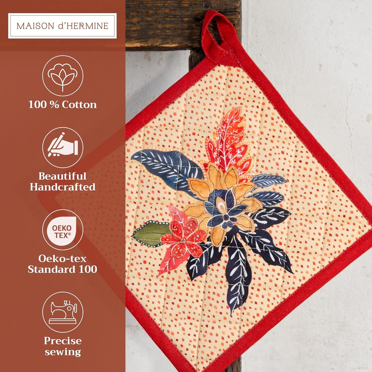 Maison d' Hermine Pot Holders 100% Cotton Heat Resistant Potholders 8" x 8" Hot Pads with Loop BBQ, Cooking, Baking, Grilling, Kitchen, Handling Hot Pans (Pack of 1, Kalahari)