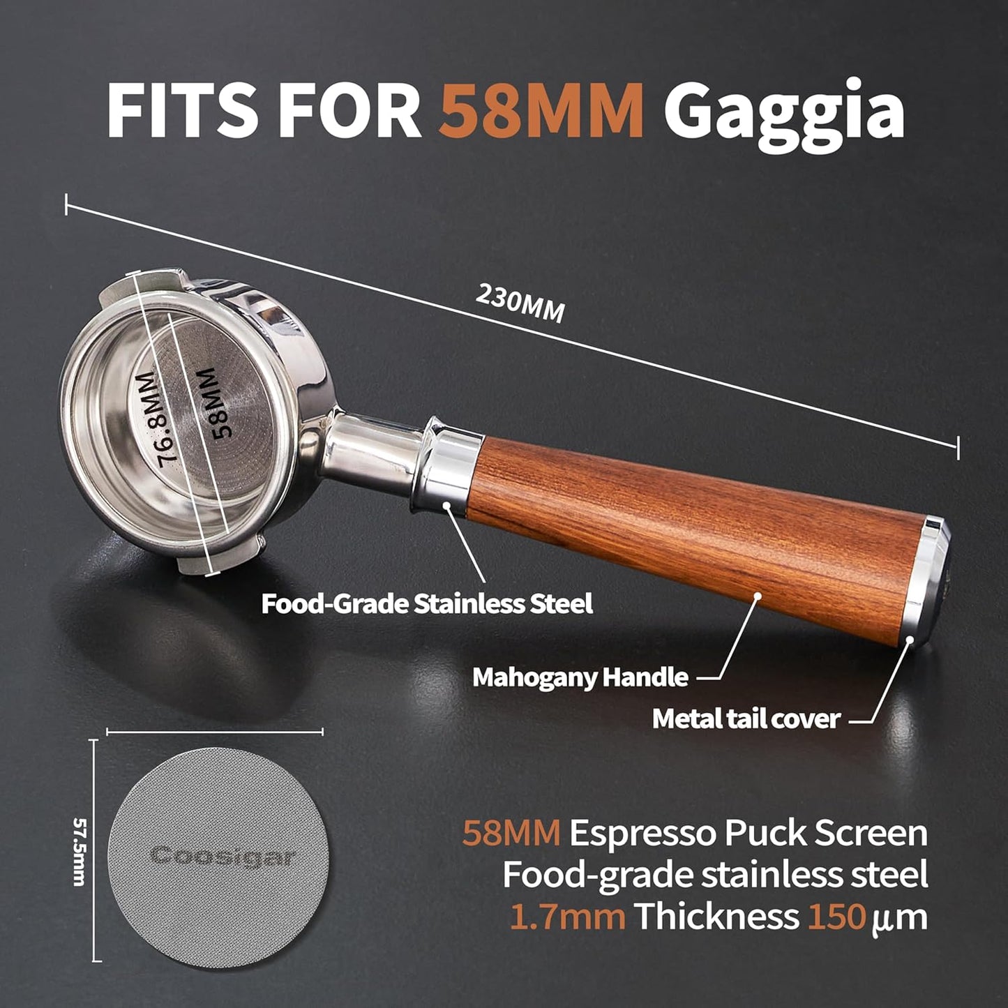 58mm Bottomless Portafilter | Fits for Gaggia machines| Stainless Steel portafilter and Mahogany Handle|Espresso Machine Accessories(Mahogany)