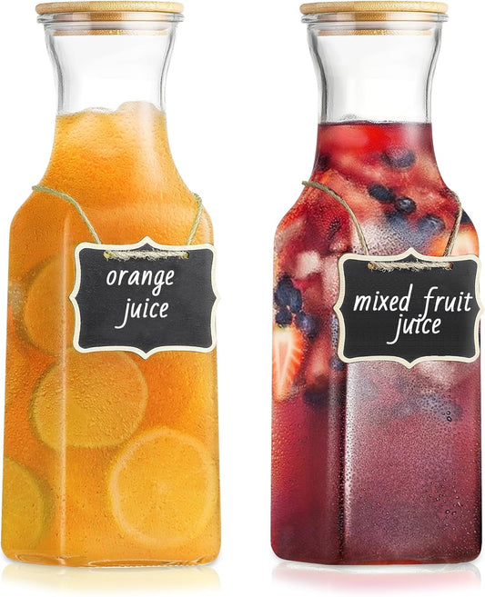 35 Oz Square Glass Carafe with Bamboo Lid, Beverage Dispensers,Mimosa Bar Supplies,Clear Glass Pitcher with Name Labels for Iced Tea,Coffee,Juice(Pack of 2)