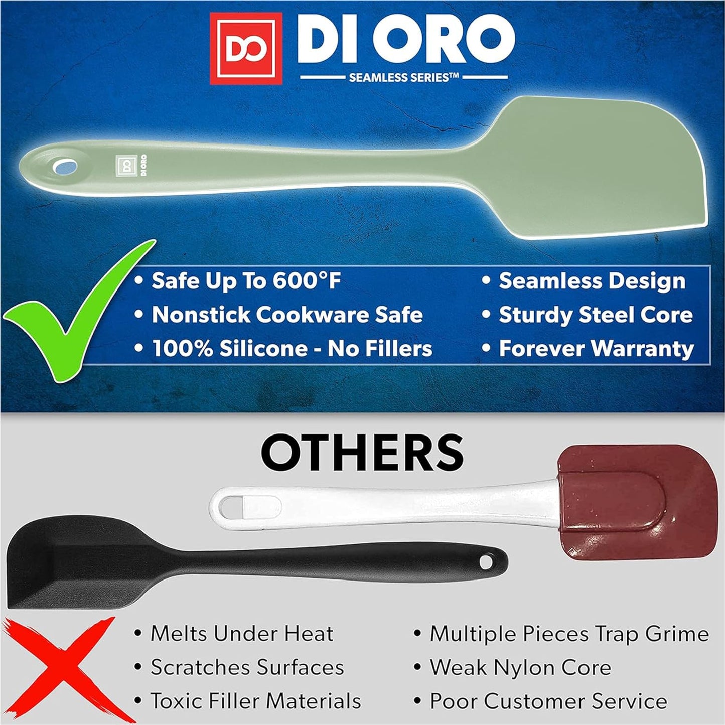 di Oro Living Silicone Spatula Set - Rubber Kitchen Spatulas for Baking, Cooking, Mixing - 600°F Heat-Resistant & BPA Free Silicone Scraper Spatulas for Nonstick Cookware - Dishwasher Safe (3pc, Sage)