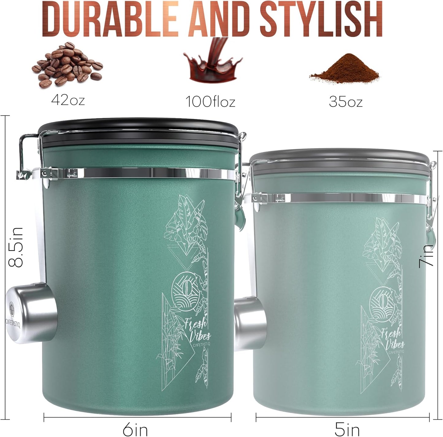 38oz / 22oz Coffee Canister – Airtight Stainless Steel Storage Container with Date Tracker & Scoop, Sealed Jar for Grounds, Beans, Tea, Flour, Cereal, and Sugar (Green Vibes, 38OZ)