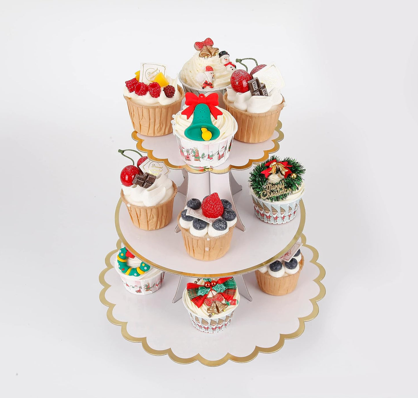 3-Tier Cupcake Stand, Lace Trim Cake Stand Holder, Tiered DIY Cupcake Stand Tower for Dessert Table Displays, Birthday Theme Party Favors Decoration, Floral Tea Party, 12" W x 12.8" H, White