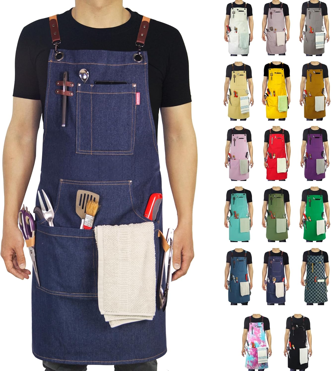 Kitchen Apron, Work Apron, Canvas, Multiple Pockets, Gardening, Painting, BBQ, Artist, Carpenter, Sizes M to XXL, Denim